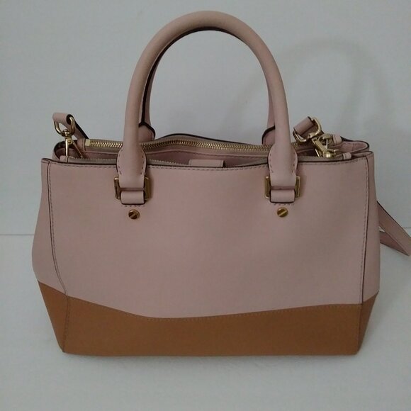 Michael Kors Satchel Bag Purse Double Handle Logo Charm Pink/Tan - Picture 2 of 16